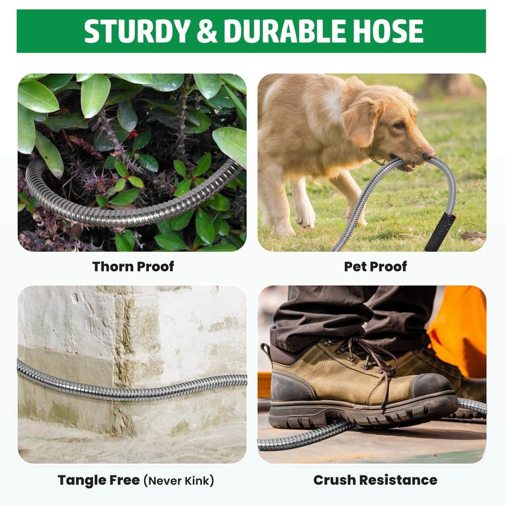 5/8 in. Dia. x 100 ft. Metal Garden Hose Stainless Steel Heavy-Duty Water Hose with 10 Function Nozzle Flexible - Hercitys