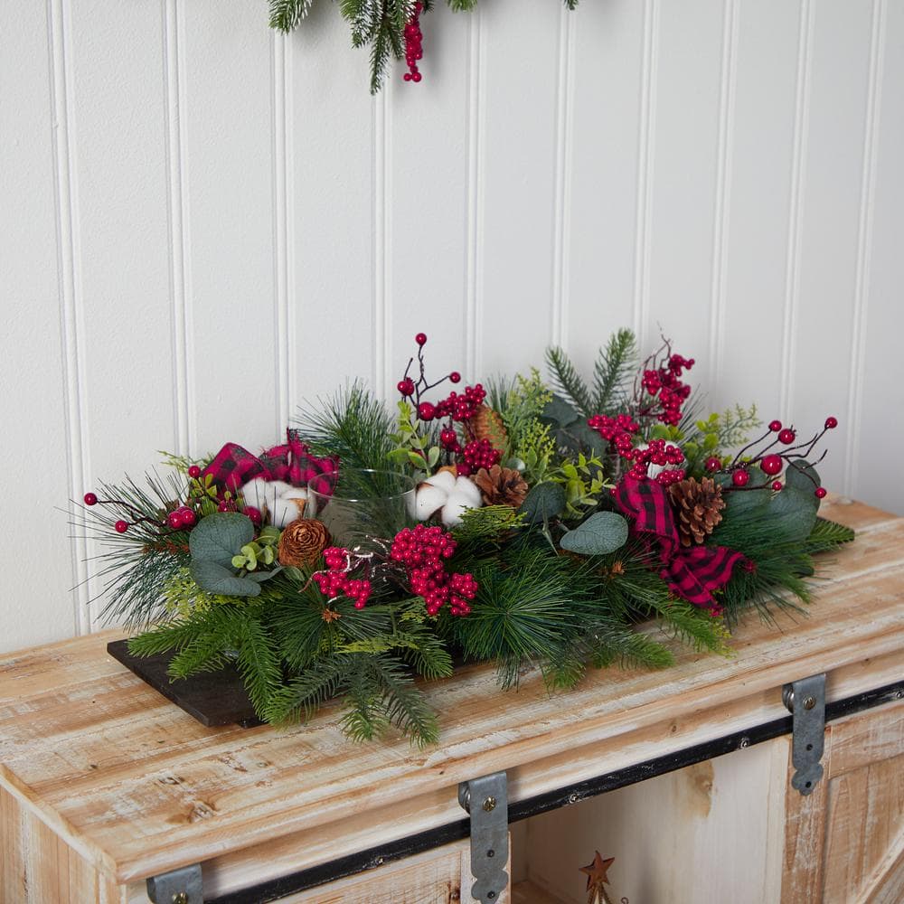 24 in. Unlit Holiday Berries, Pinecones and Eucalyptus Christmas Artificial Arrangement Cutting Board Table Arrangement - Hercitys