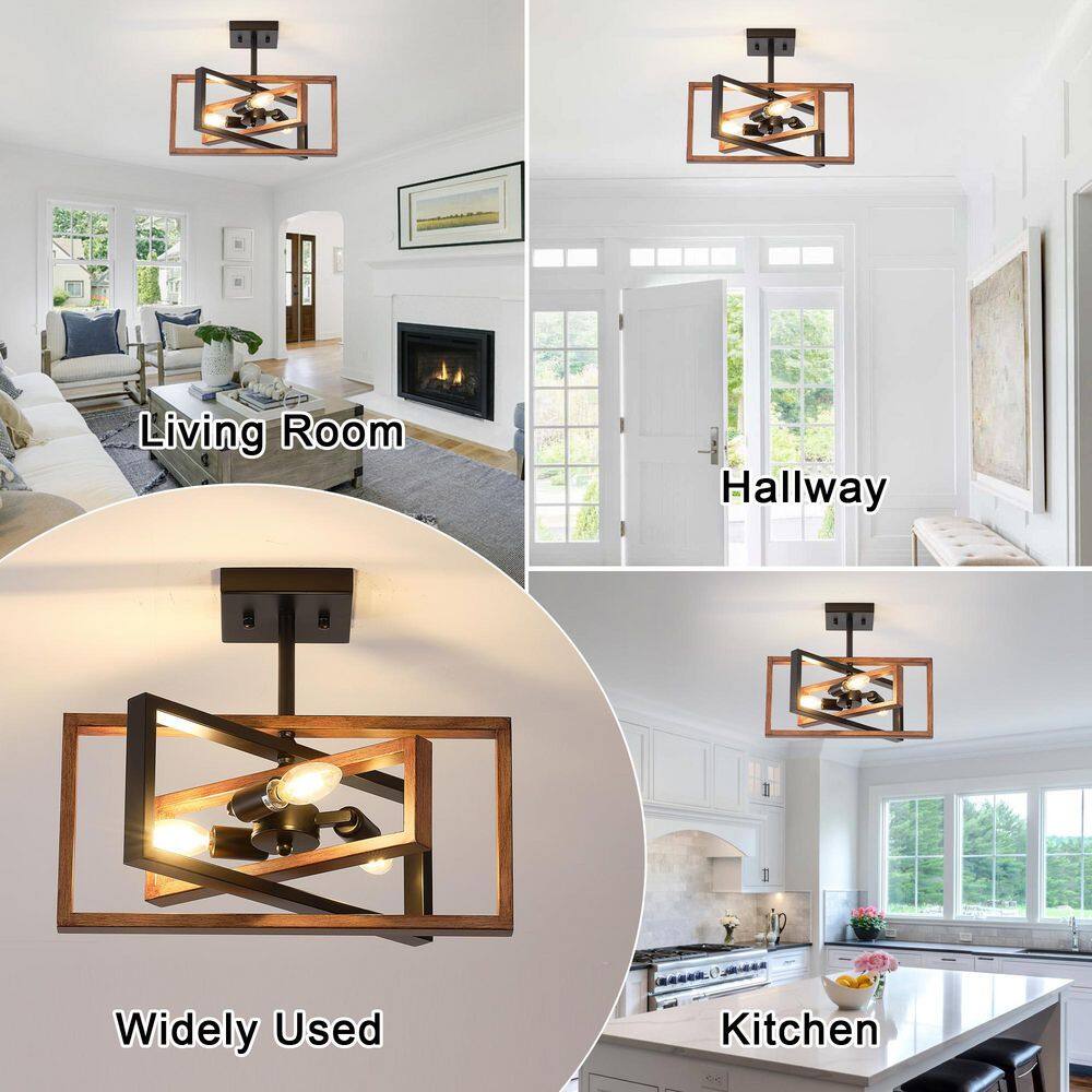 15.8 in.  3-Light Black and Imitation Wood Grain Farmhouse Rectangle Semi Flush Mount Ceiling Light Bulb Not Included - Hercitys