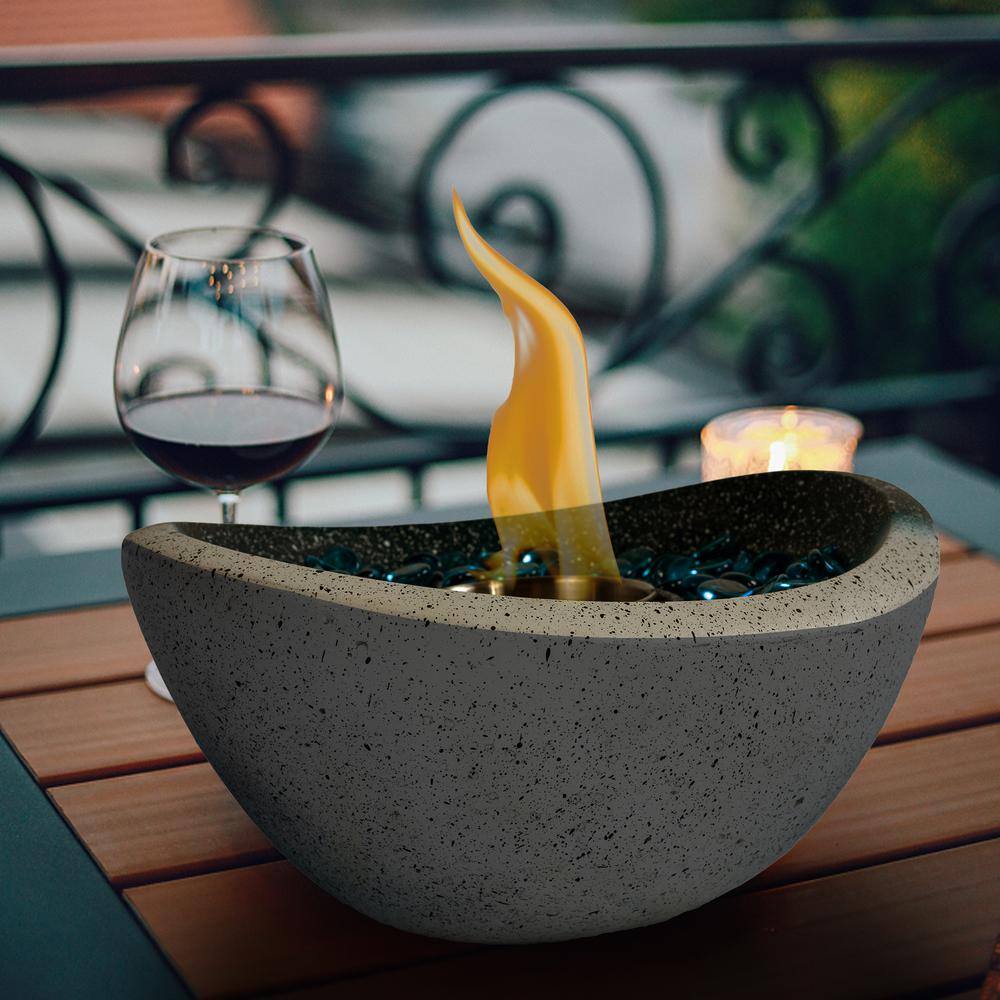 11.42 in. White Blue Concrete Tabletop Fire Pit with Mixed Color, Portable Concrete Fire Pit, Personal Ethanol Fireplace - Hercitys