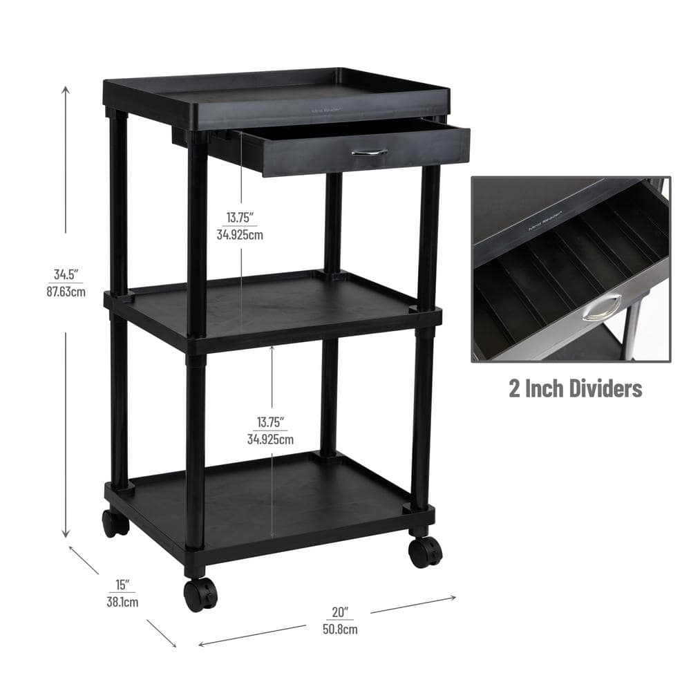 3-Tier Utility Cart Coffee Cart, Bathroom, Kitchen, Plastic, 20 in. L x 15 in. W x 34.5 in. H, Black - Hercitys