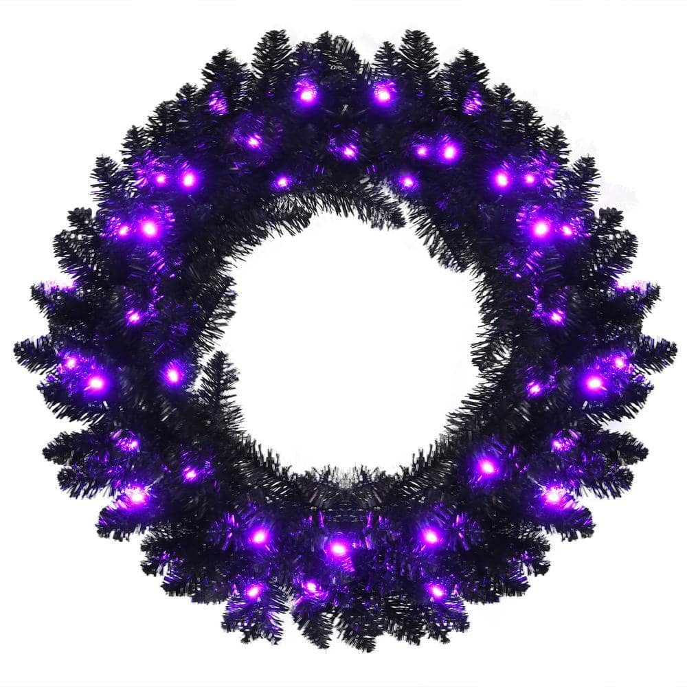 24 in. Black PreLit Artificial Christmas Wreath Halloween Wreath with 35 Purple LED Lights - Hercitys