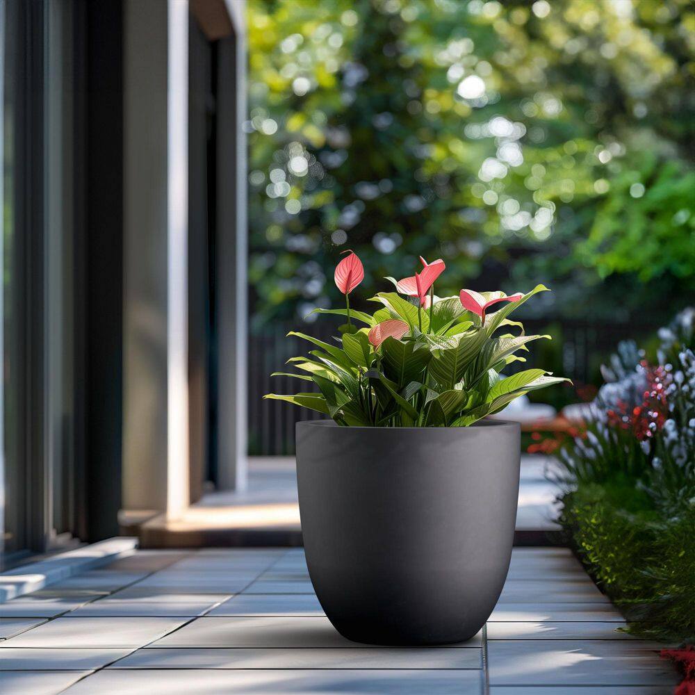 18 in. Large Charcoal Black Concrete Round Planter / Pot with Drainage Holes - Hercitys