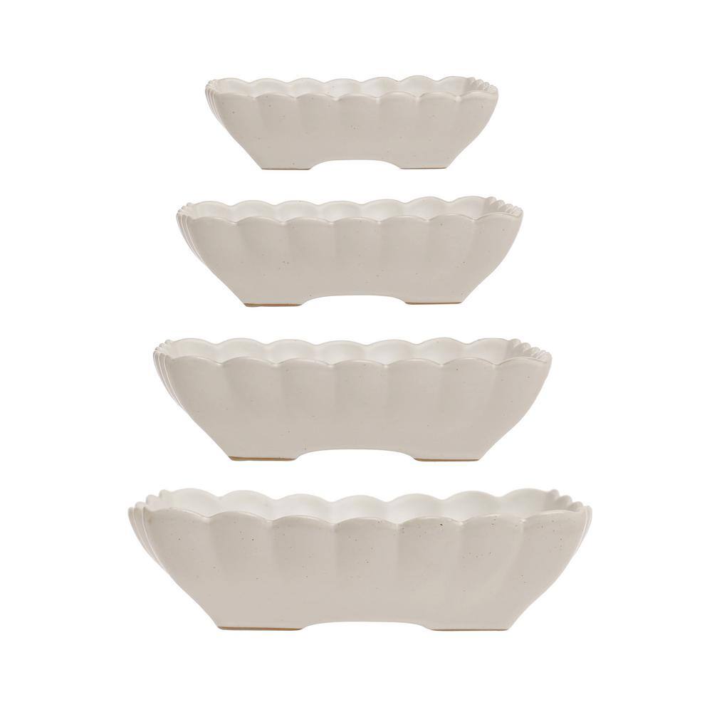 10.37 in. 65 fl.oz Matte White Square Stoneware Serving Bowls with Scalloped Edge (Set of 4) - Hercitys