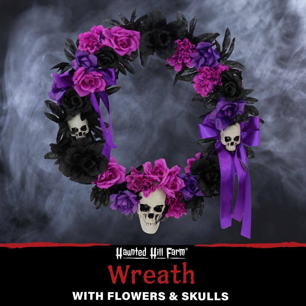 22 in. Halloween Wreath with Flowers and Skulls - Hercitys