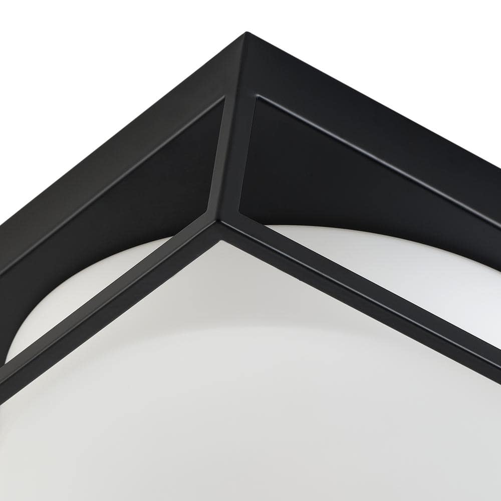 13 in. 2-Light Industrial Black Flush Mount Farmhouse Close to Ceiling Light Fixture with White Glass Shade - Hercitys