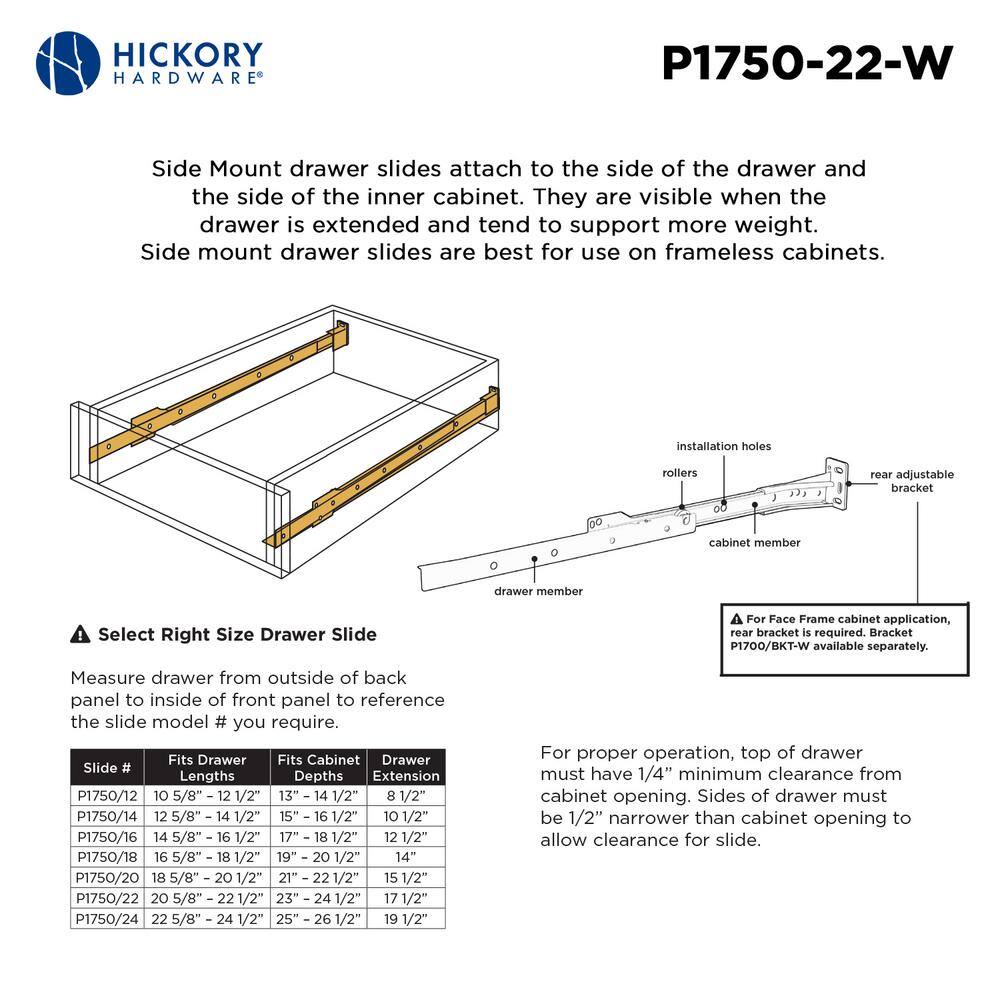 22 in. White 3/4 Extension Side Mount Drawer Slide (5-Pairs) - Hercitys
