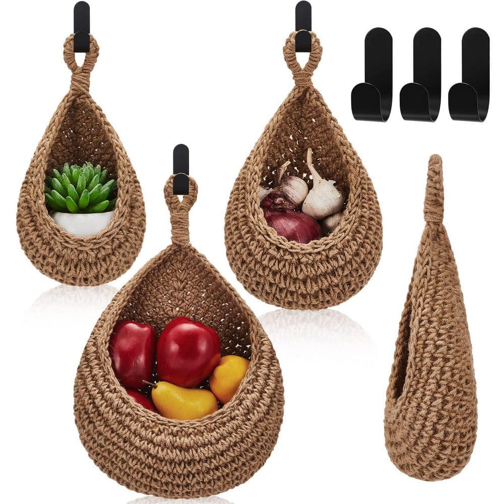 3-Piece Hanging Wall Fruit Basket, Teardrop Hanging Basket, Bohemian Storage, Wall Basket in Linen - Hercitys