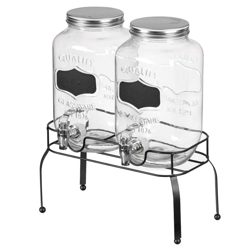 2-Pieces Glass Drink Dispenser Set with Metal Stand, Stainless Steel Spigots and Chalkboard Signs - Hercitys