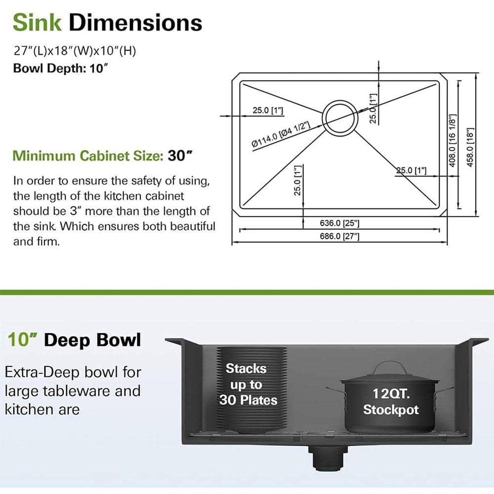 27 in. Undermount Single Bowl 16-Gauge 304 Stainless Steel Kitchen Sink with Bottom Grid and Strainer - Hercitys