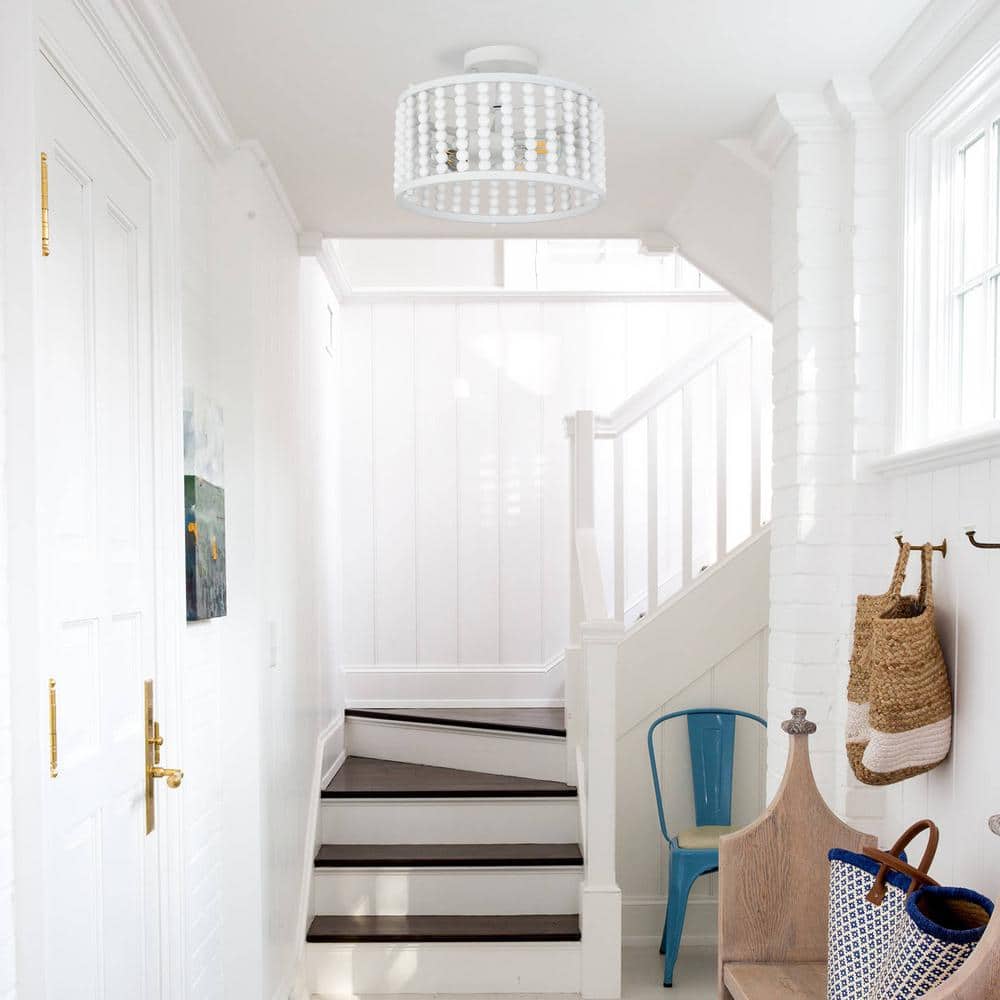12.6 in. 3-Light White Farmhouse Wood Beaded Shade Semi-Flush Mount Ceiling Light - Hercitys