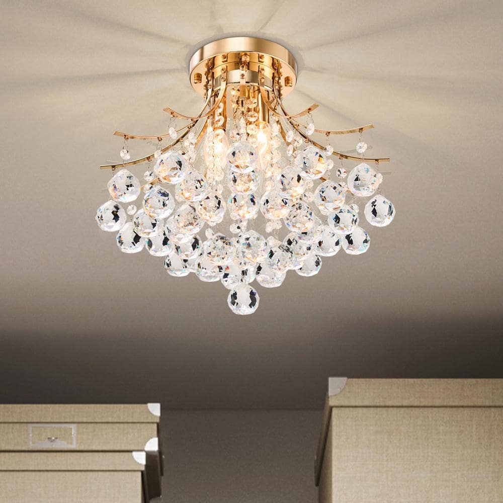 15.4 in. 3-Light Gold Crystal Chandelier Flush Mount Ceiling Light Fixture - Hercitys
