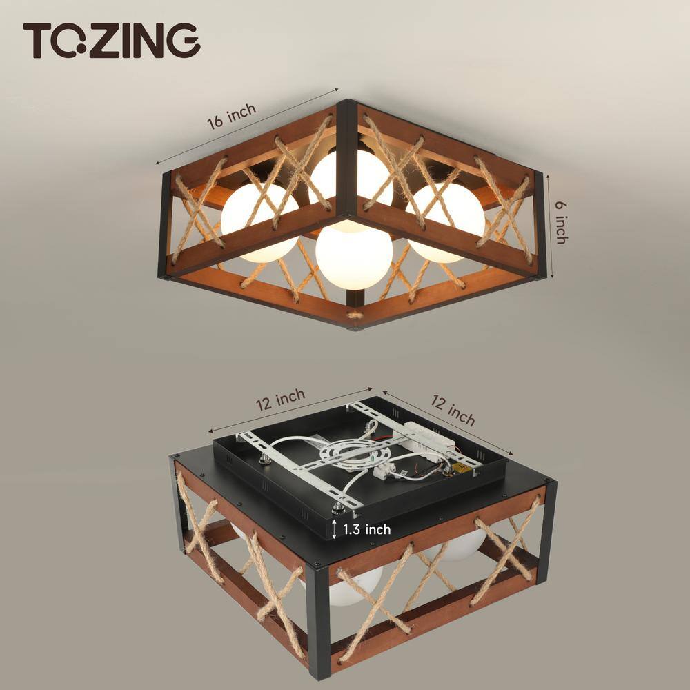 16 in. 25-Watt Farmhouse Rustic Square Wood Dimmable LED Flush Mount Ceiling Light with Acrylic Shatterproof Shade - Hercitys