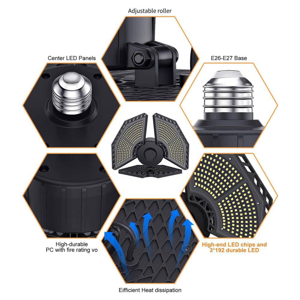 10.6 in. 6000K LED Garage Lights, 140-Watt 18500 Lumens Garage Ceiling Lighting Black - Hercitys