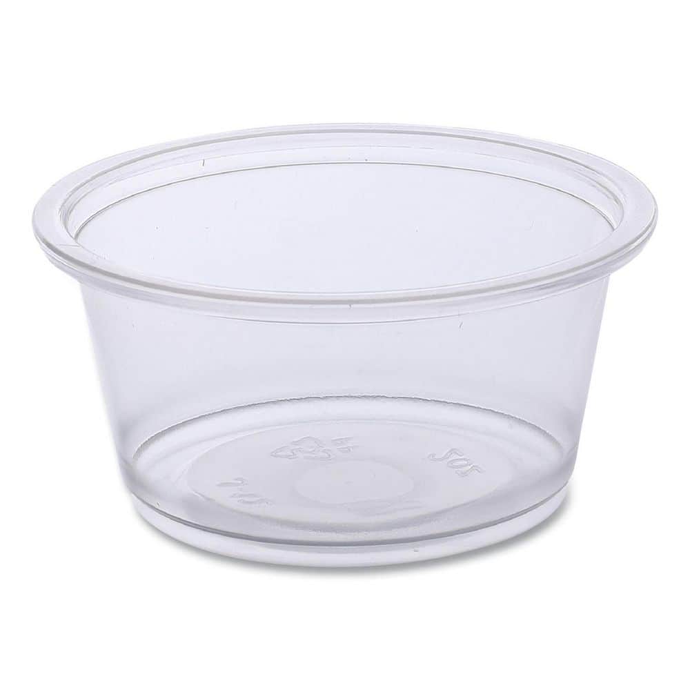 2 oz. Clear Souffle/Portion Disposable Plastic Cups, Polypropylene, 20 Cups/Sleeve, 125 Sleeves/Carton - Hercitys