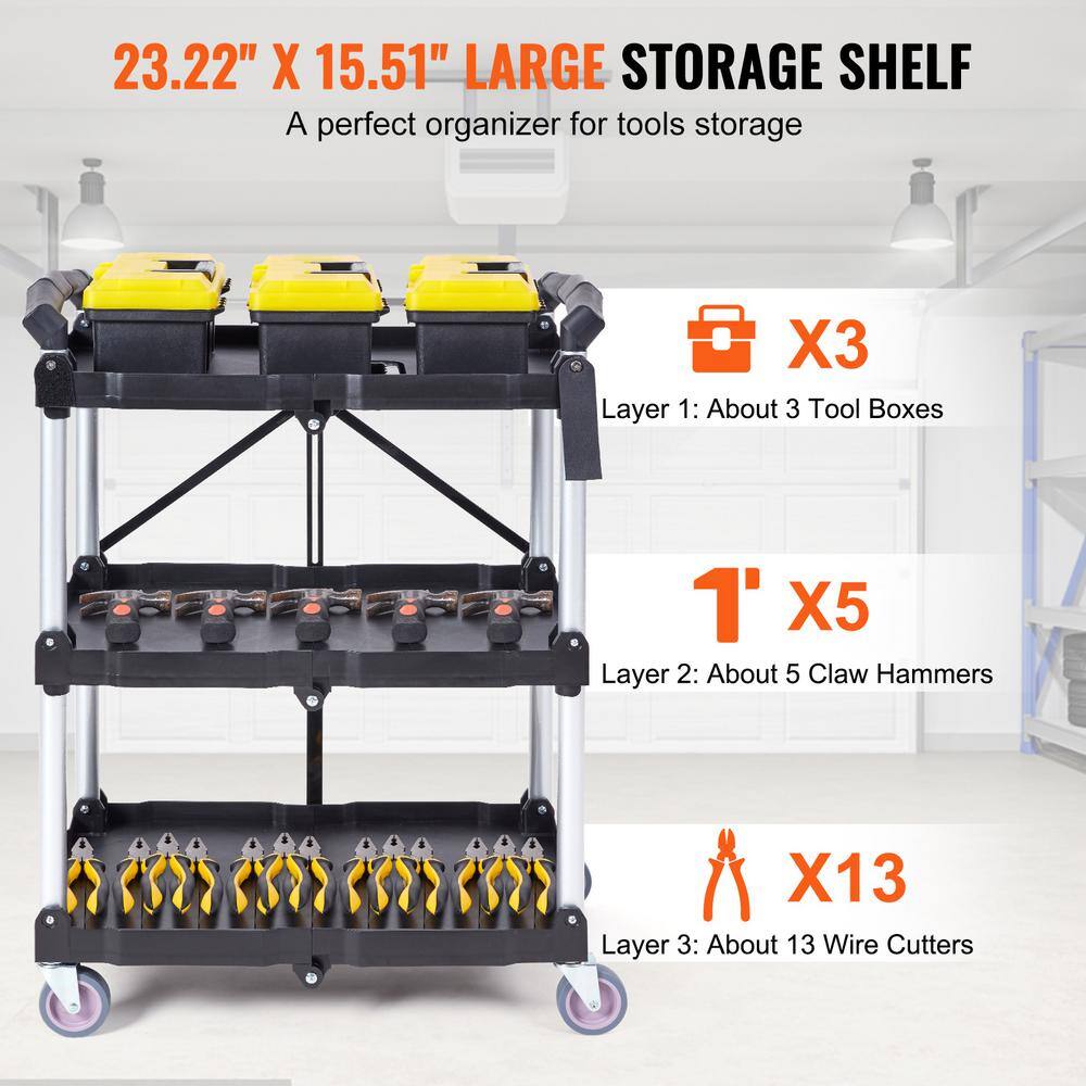 3-Shelf Foldable Utility Service Cart 165 lbs. Capacity Heavy Duty Plastic Rolling Cart in Black with Lockable Wheels - Hercitys