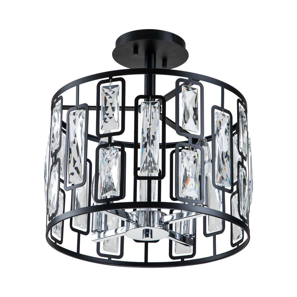 13.5 in. 4-Light Black Semi Flush Mount with Clear Crystals - Hercitys