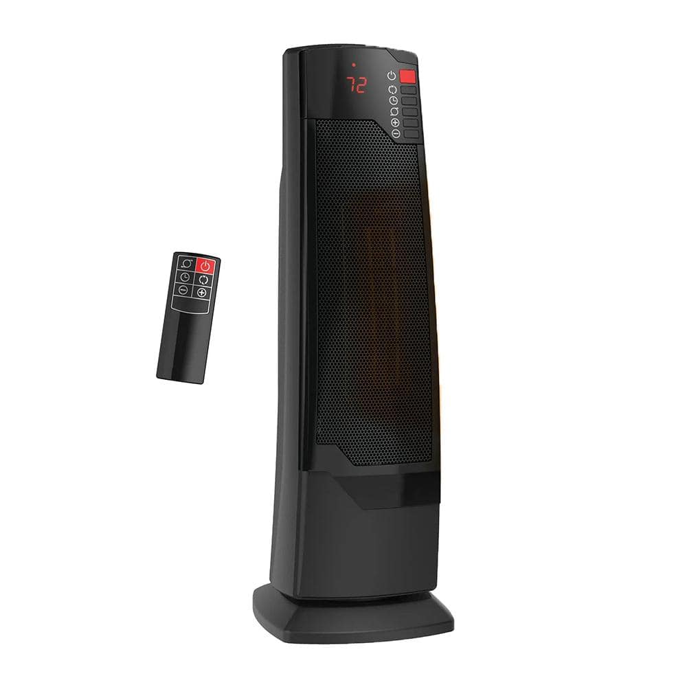 1500 W 22 in. Indoor Electric Tower Forced Air Ceramic Space Heater with Remote and Adjustable Thermostat, Black - Hercitys