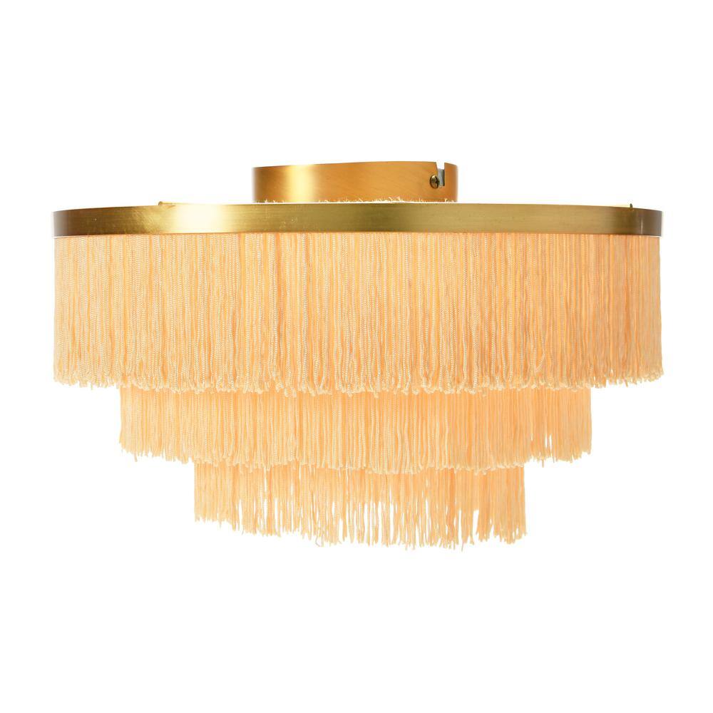 13 3/4 in. 2-Light Sleek Gold Flush Mount with Fringe Shade in Cream - Hercitys
