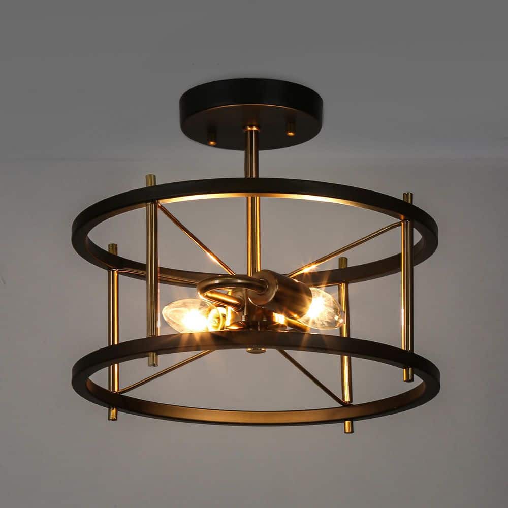 12 in. 2-Light Black Modern Semi-Flush Mount, Brass-Plated Ceiling Light, Farmhouse Open Cage Light Fixture - Hercitys