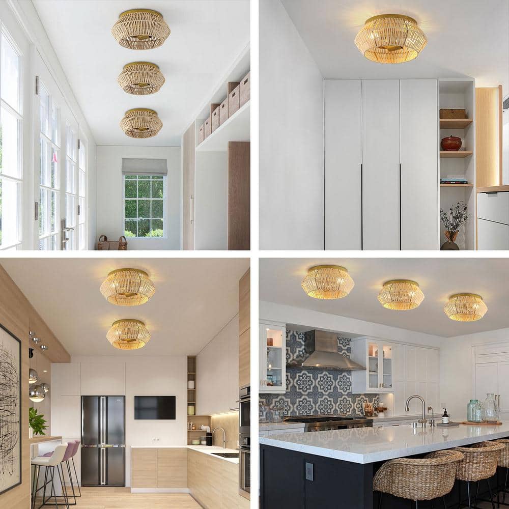 11.81 in. 2-Light Gold Farmhouse Woven Rattan Flush Mount Ceiling Light, No Bulbs Included - Hercitys