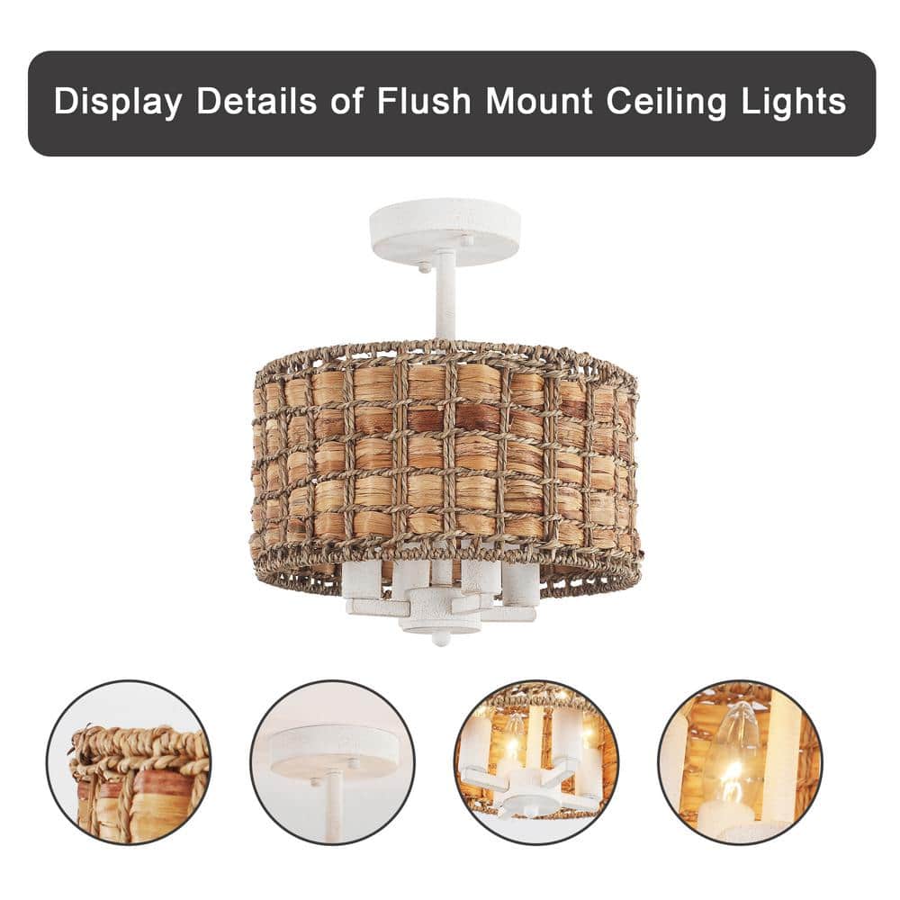 11.81 in. 4-Light Distressed White Drum Natural Rattan Seagrass Semi Flush Mount Ceiling Light with No Bulbs Included - Hercitys