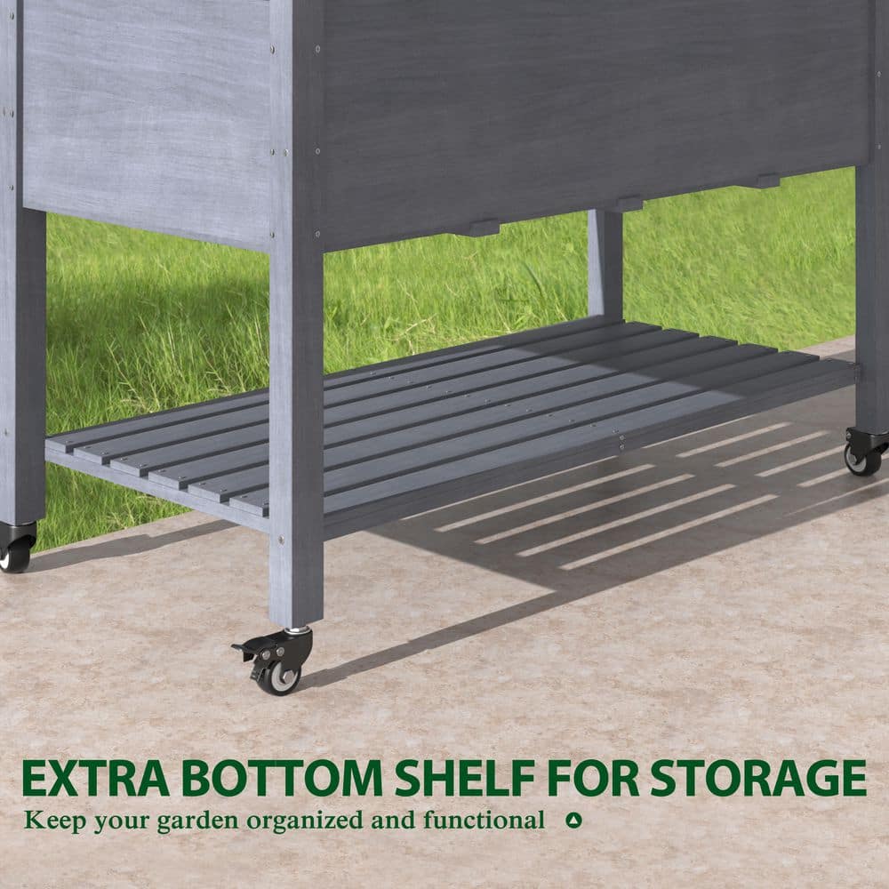 47 in. L x 23 in. W x 33 in. H Cedar Wood Raised Garden Bed with 4 Swivel Wheels and Liner, Gray - Hercitys