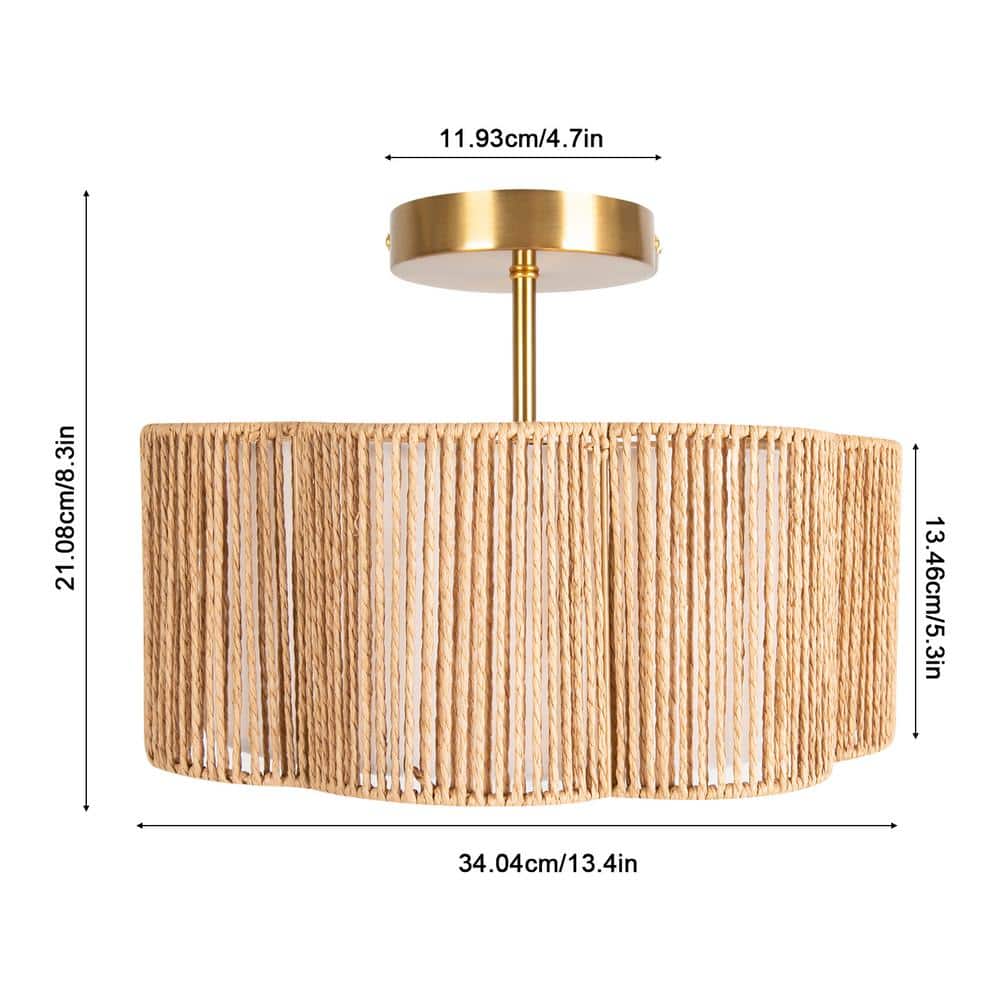 13.4 in. 3-Light Gold Rustic Semi-Flush Mount Ceiling Light with Woven Rattan Shade and No Bulbs Included - Hercitys