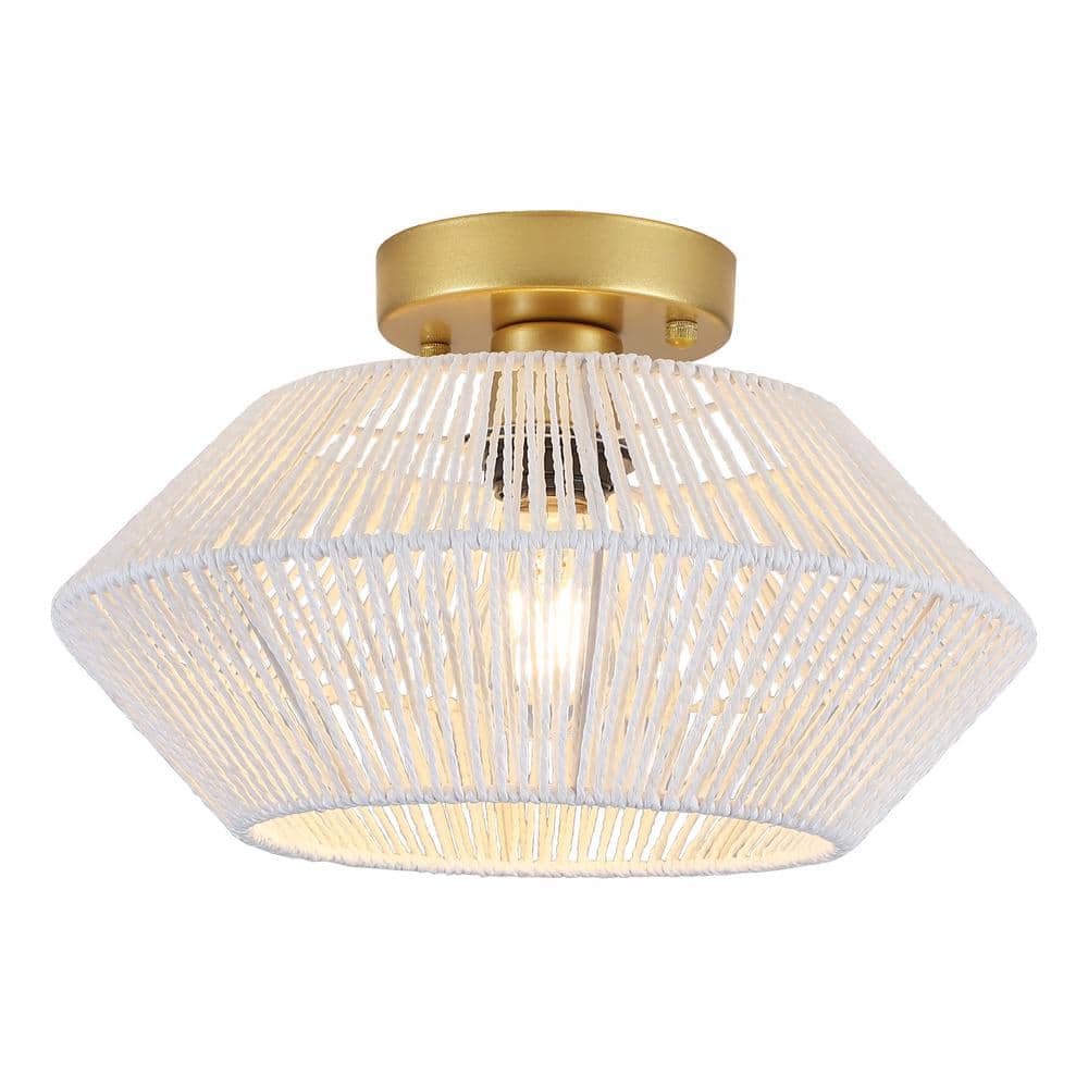 12.6 in. 1-Light Gold and White Bohemian Rattan Semi Flush Mount Ceiling Light for Dining Room - Hercitys