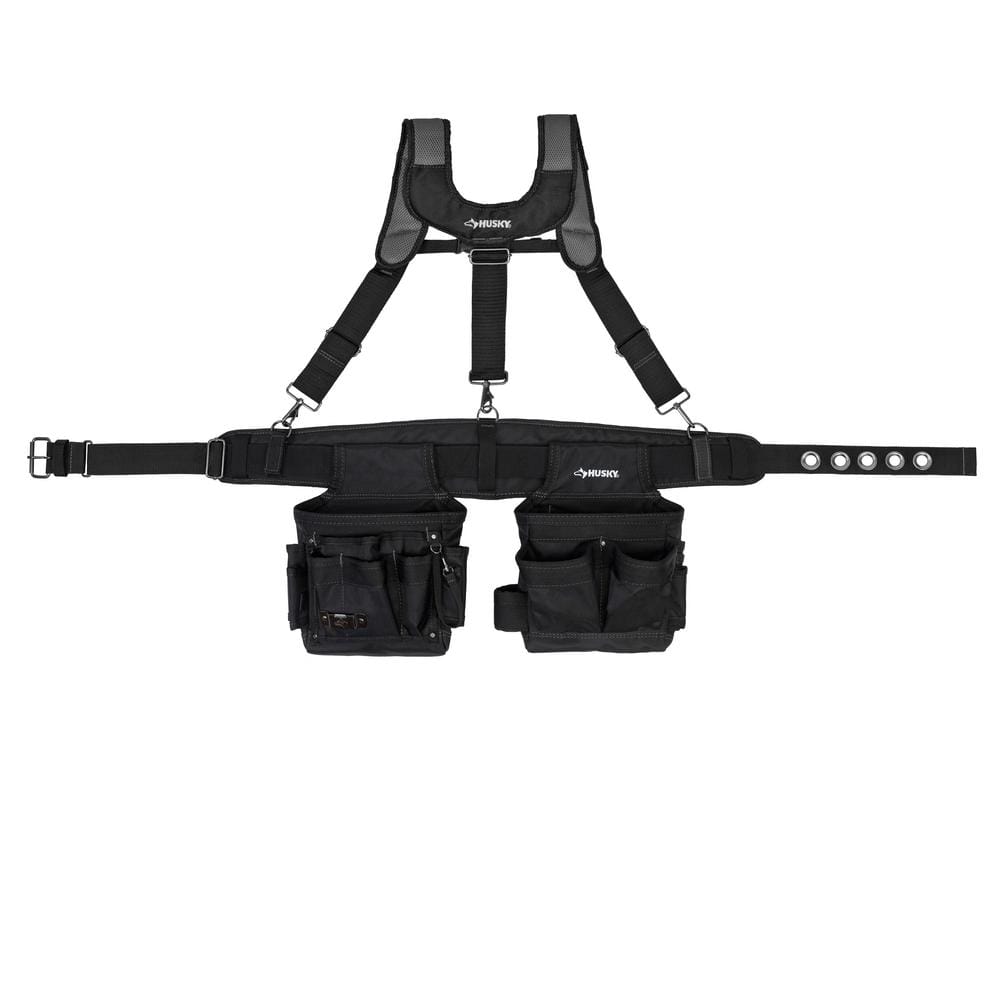2-Bag 14-Pocket Electrician’s Work Tool Belt Tool Storage Suspension Rig with Suspenders in Black - Hercitys
