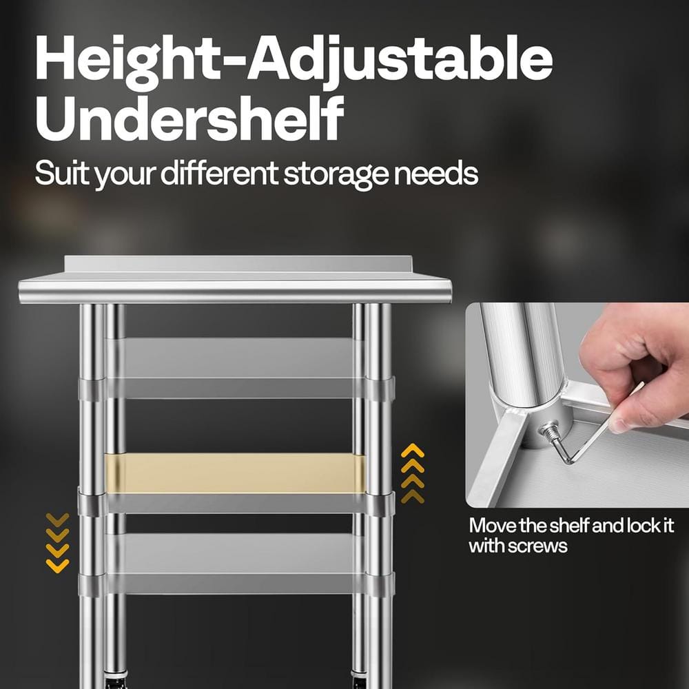 24 x 18 in. Stainless Steel Kitchen Utility Table with Backsplash and Wheels - Hercitys