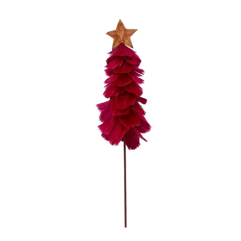 19 in. Burgundy Feather Christmas Tree Ornament with Star On Stick Pick (Set of 3) - Hercitys