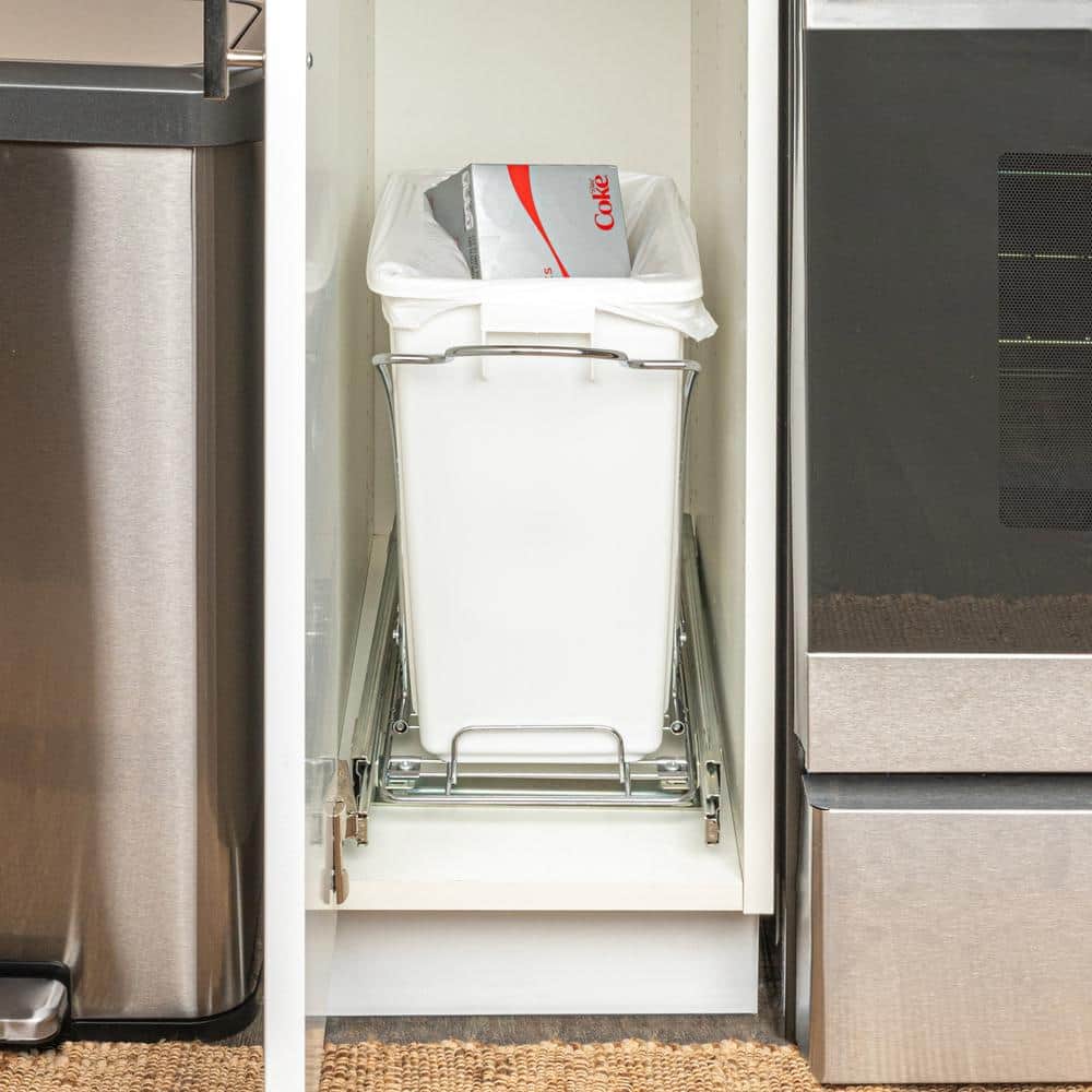 15 in. Single Sliding Trash Can in Chrome with 5 Gal. White Bin - Hercitys