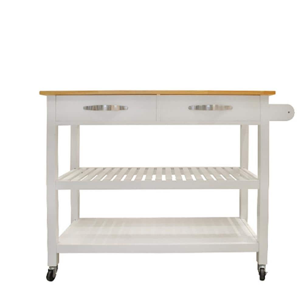 45.00 in. White Wood Kitchen Cart with 2 Lockable Wheels, Rubber Wood Top and 2-Drawers - Hercitys