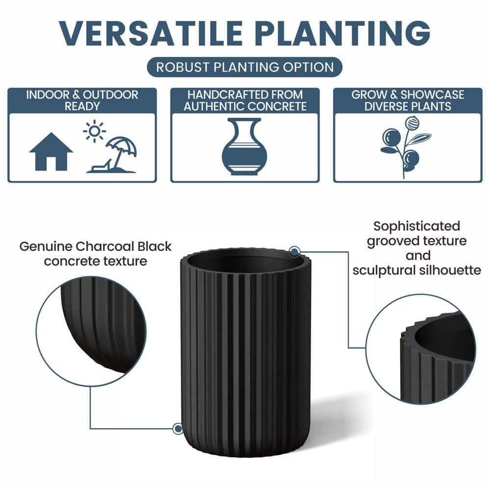 11.5 in. Large Charcoal Black Concrete Round Planter / Pot with Drainage Holes - Hercitys