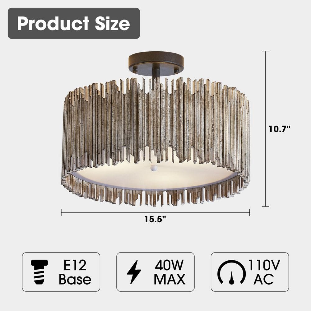 15.5 in. 3-Light Black Farmhouse Semi-Flush Mount With Wood Shade - Hercitys