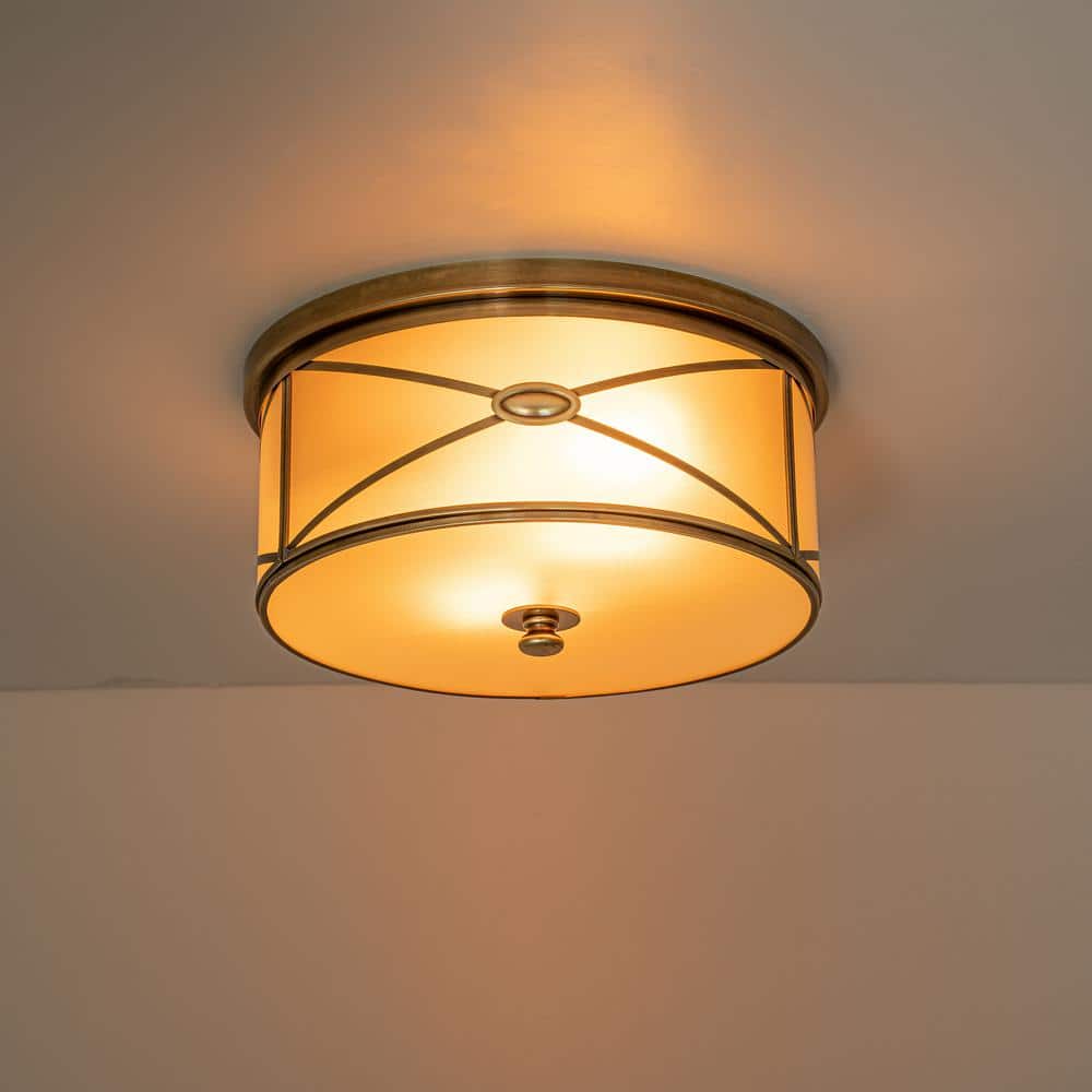 11.75 in. 2-Light Brass Flush Mount with Frosted Glass Shade and No Bulbs Included 1-Pack - Hercitys