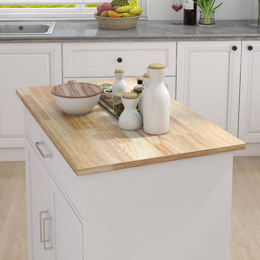 32.68 in. W Kitchen Cart in White with Solid Rubberwood Countertop - Hercitys