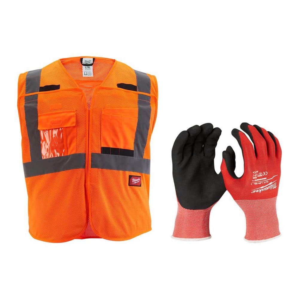 4X/5X-Large Orange Class 2 Breakaway Mesh High Vis Safety Vest and Large Red Nitrile Cut Level 1 Dipped Work Gloves - Hercitys