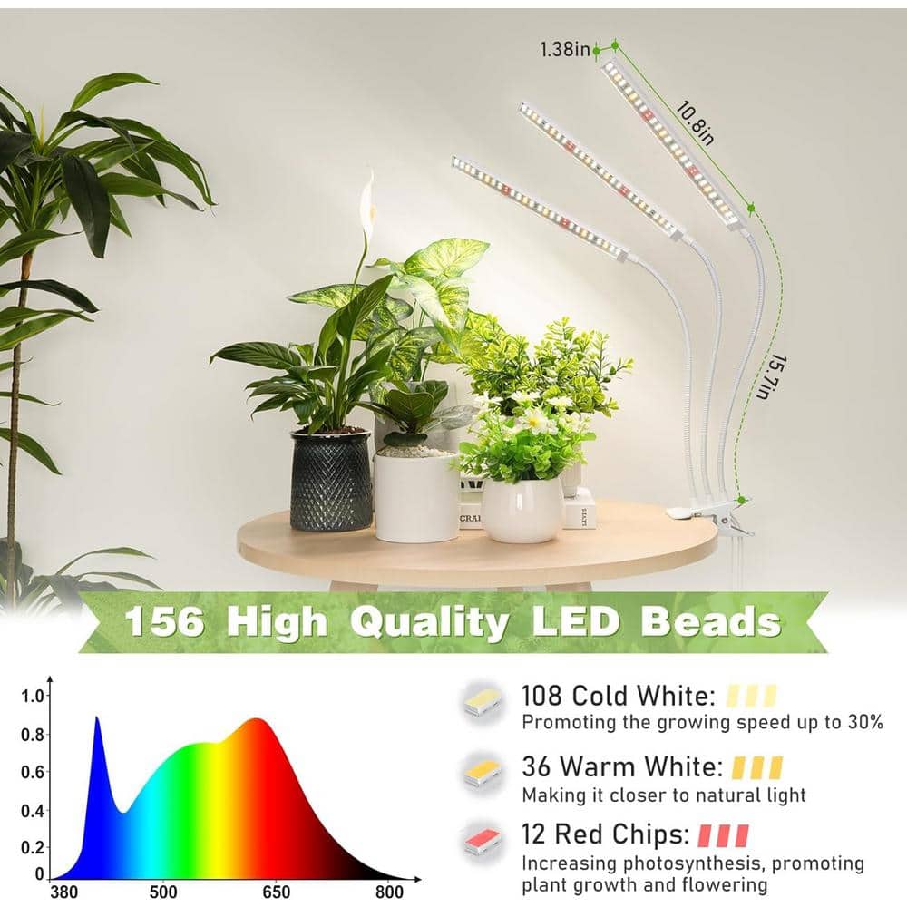 2.20 ft. 24-Watt Equivalent White Grow Light Full Spectrum Tri-Head 156 LED with Timer Gooseneck and Clamp, Bright White - Hercitys