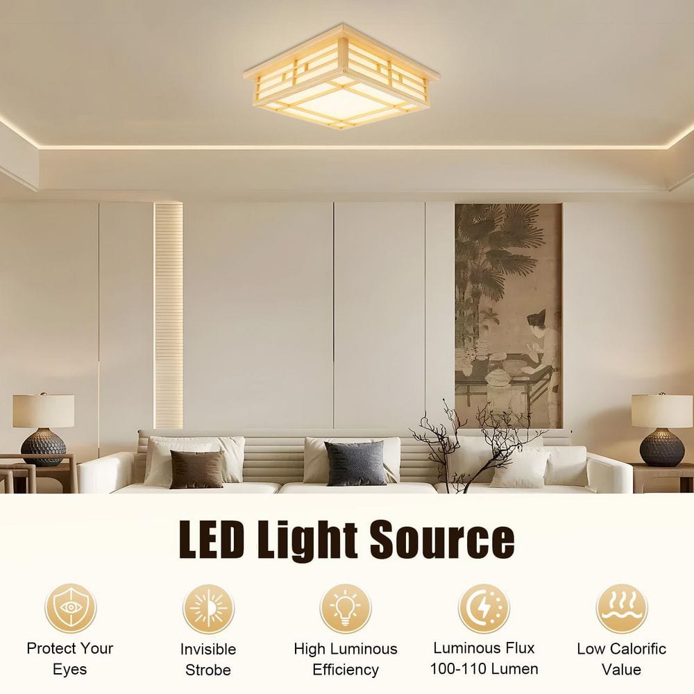 17.72 in. Wood Japanese Square Integrated LED Flush Mount Selectable Ceiling Light with Remote, for Bedroom Living Room - Hercitys