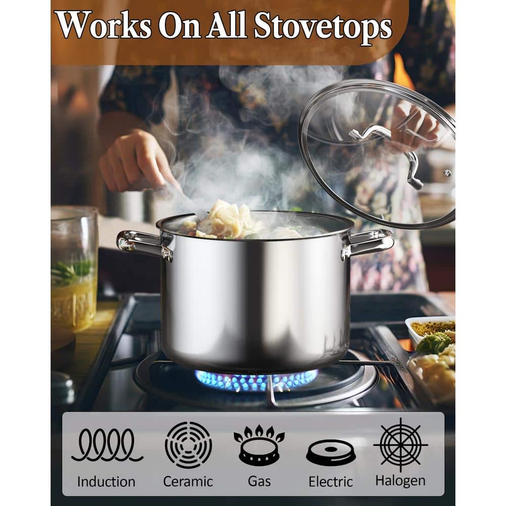 12 qt. Tri-Ply Clad Stainless Steel Stockpot with Lid, Induction Cooking pot, Silver - Hercitys