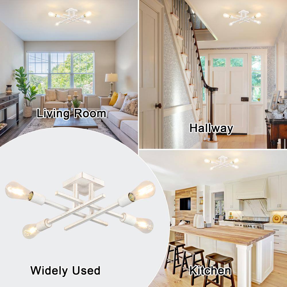18.11 in. 4-Light Distressed White Modern Sputnik Semi- Flush Mount Ceiling Lights with No Bulbs Included - Hercitys