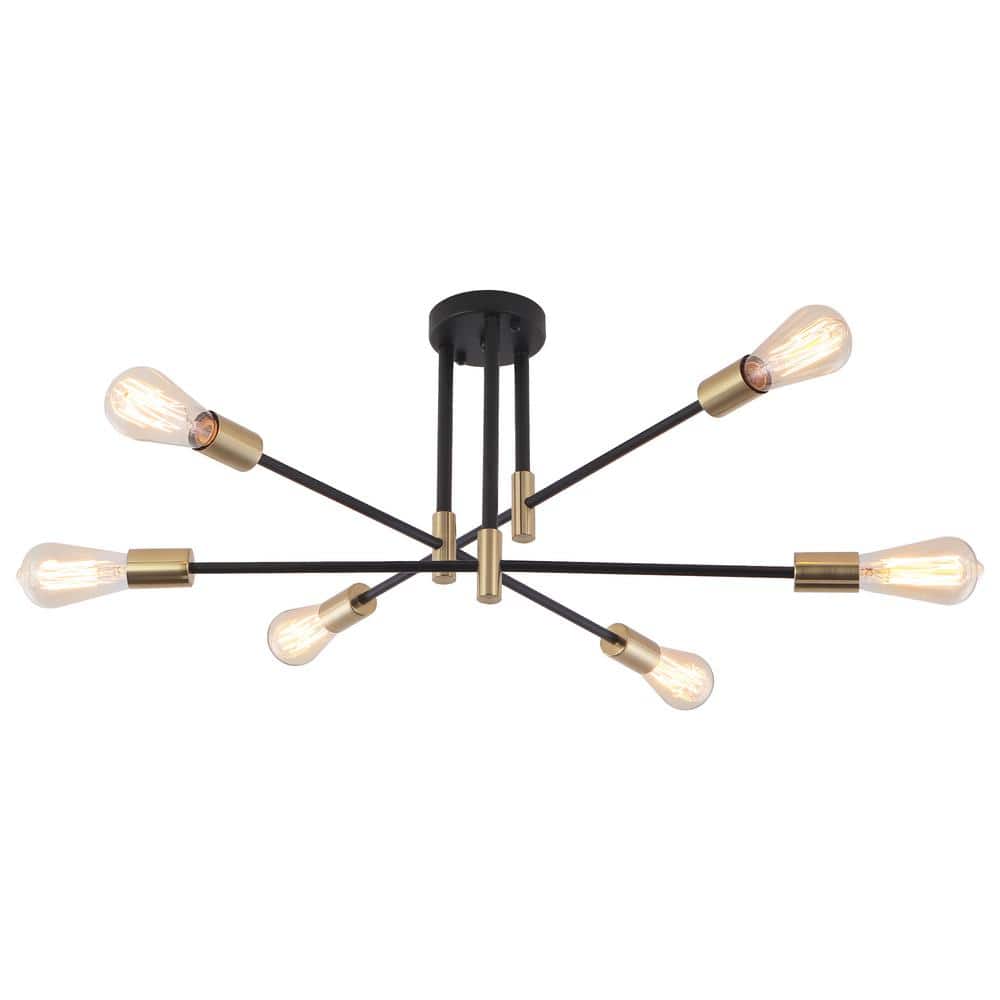 27.56 in. 6-Light Modern Black/Golden Semi-Flush Mount for Bedroom Foyer with No Bulbs Included - Hercitys