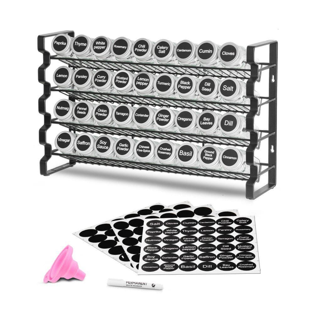 4-Tier 18.2 in. x 11.1 in. Black Spice Rack Organizer with 36 Empty Glass Jars for Kitchen Countertop and Cabinet - Hercitys