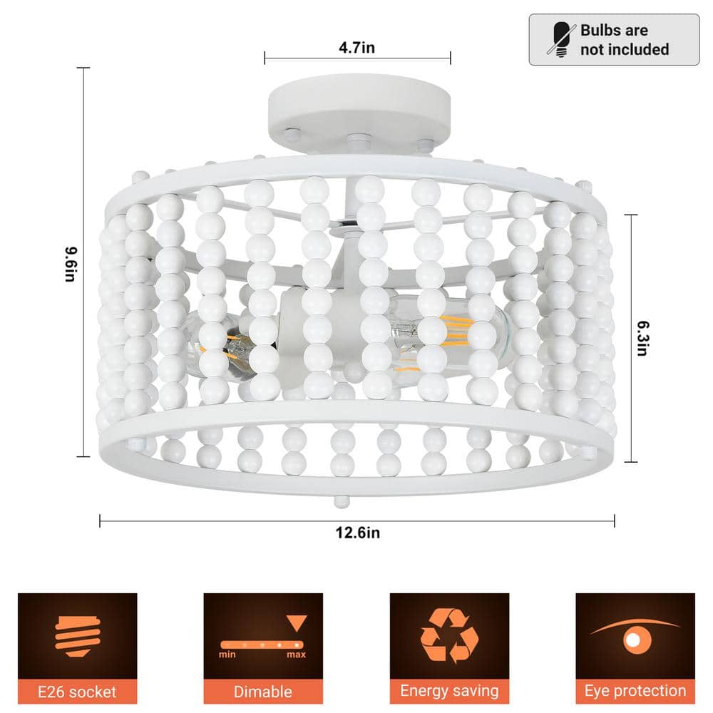 12.6 in. 3-Light White Farmhouse Wood Beaded Shade Semi-Flush Mount Ceiling Light - Hercitys