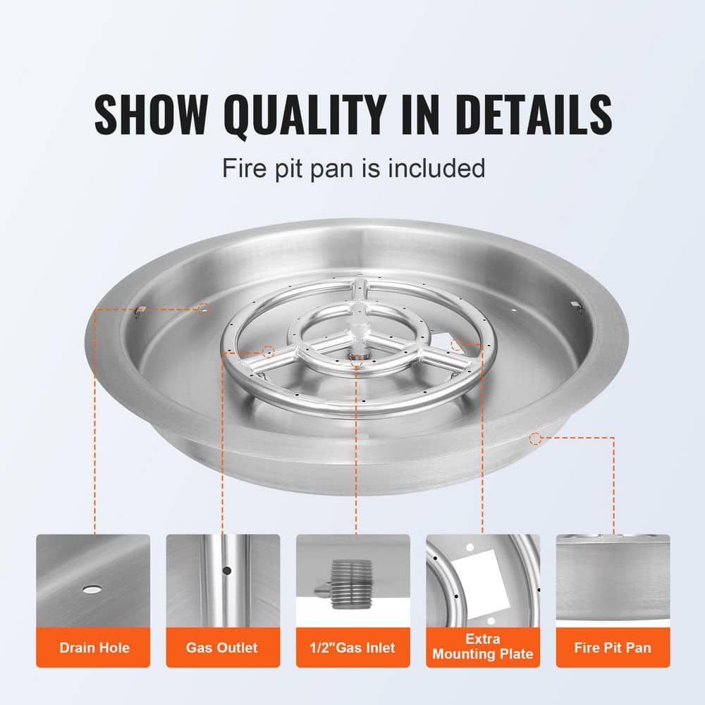 19 in. Round Drop-in Fire Pit Pan, Stainless Steel Fire Pit Burner, Natural and Propane Gas Fire Pan 92,000 BTU with Lid - Hercitys