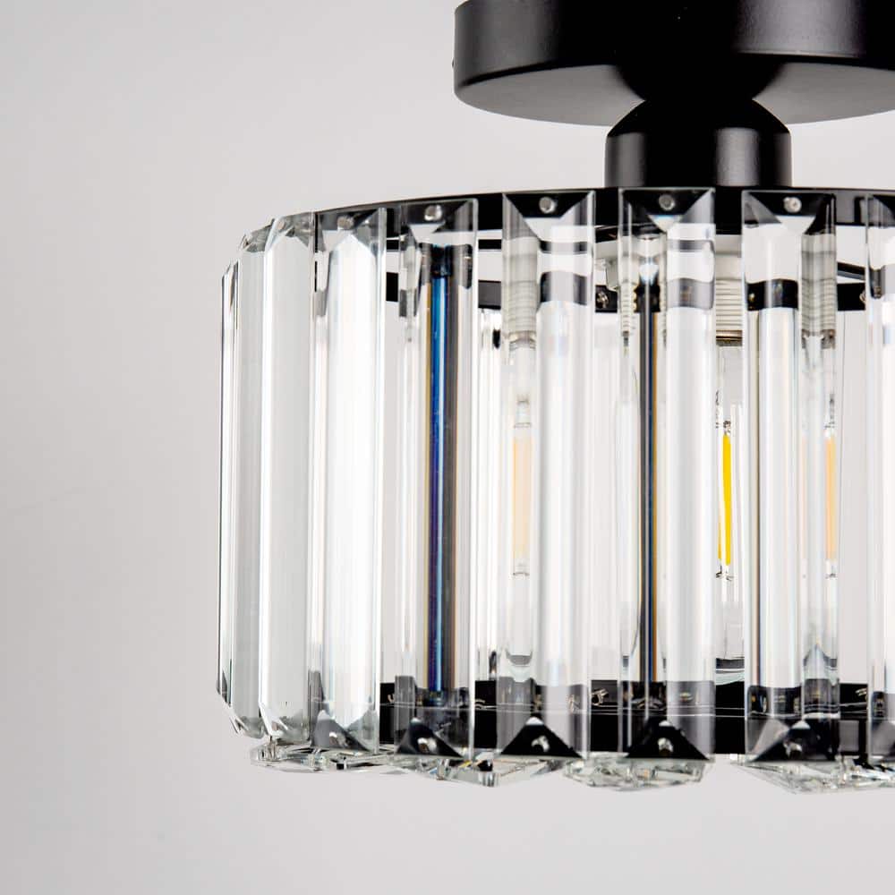 10 in. 1-Light Black Modern Semi-Flush Mount with Crystal Shade and No Bulbs Included - Hercitys