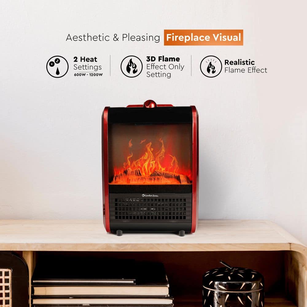 1,200-Watt Mini Ceramic Fireplace Electric Heater with Simulated Flame in Red - Hercitys