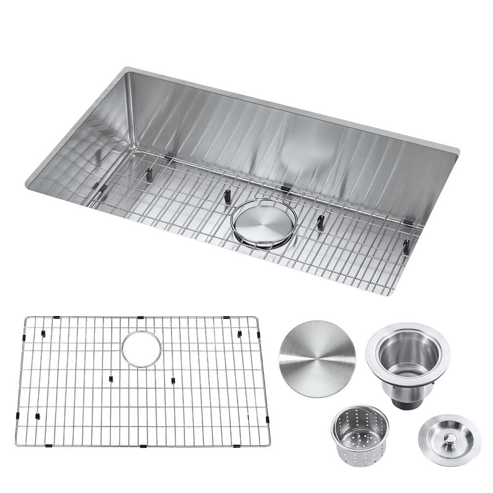 18-Gauge Stainless Steel 30 in. Single Bowl Undermount Kitchen Sink with Strainer and Bottom Grid - Hercitys